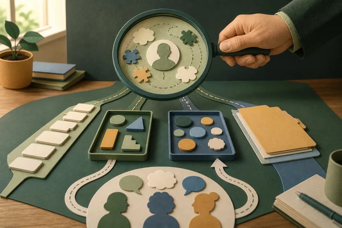 Paper-cut curriculum, support, classroom response and reporting paths meeting under a human-held review lens