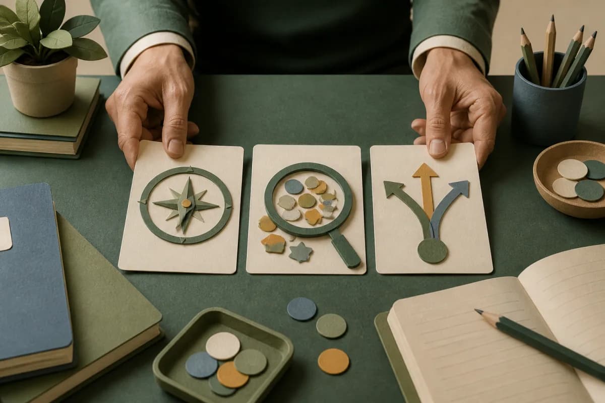 Paper-cut purpose compass, evidence lens and branching teaching response cards on a classroom desk
