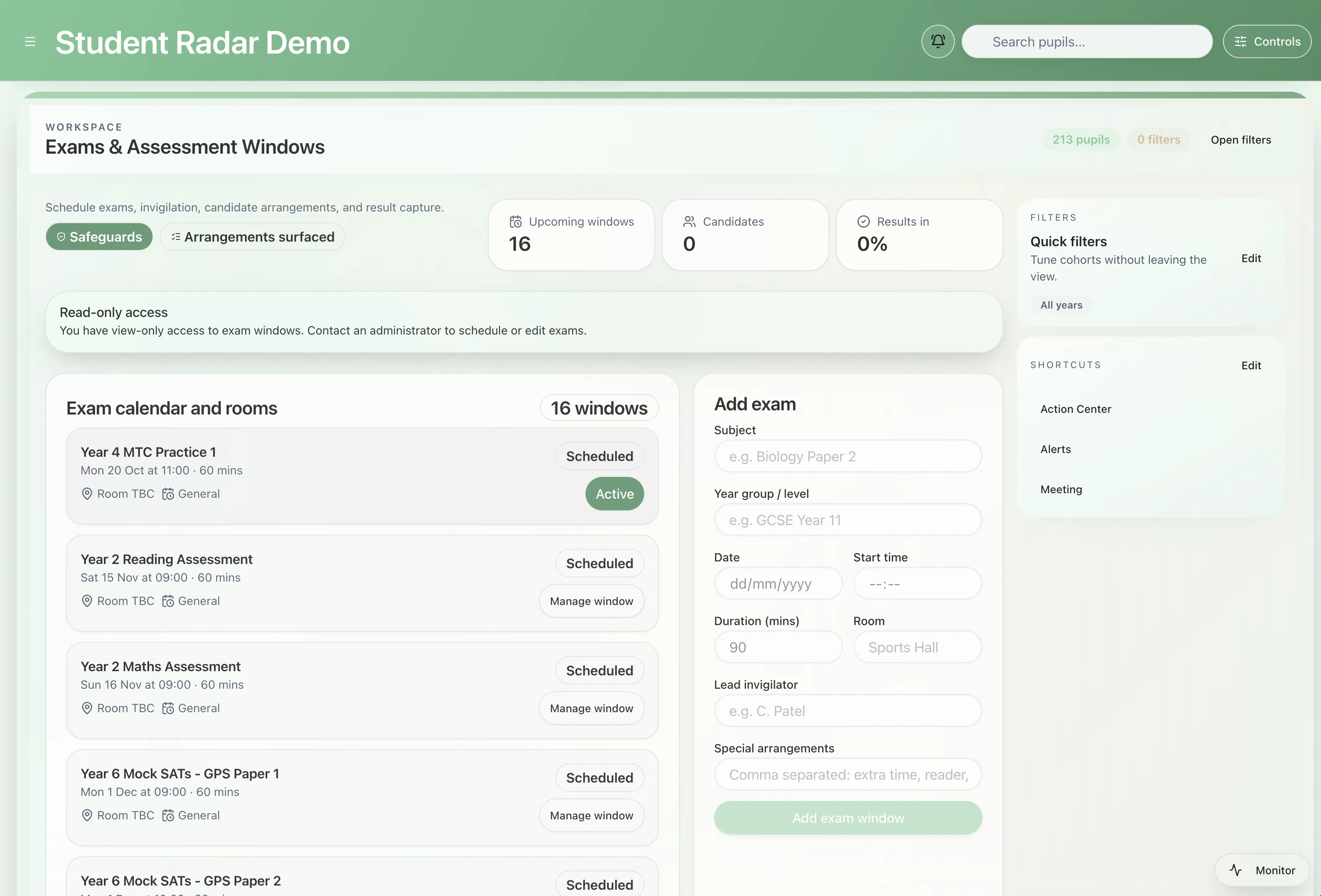 Exam windows calendar