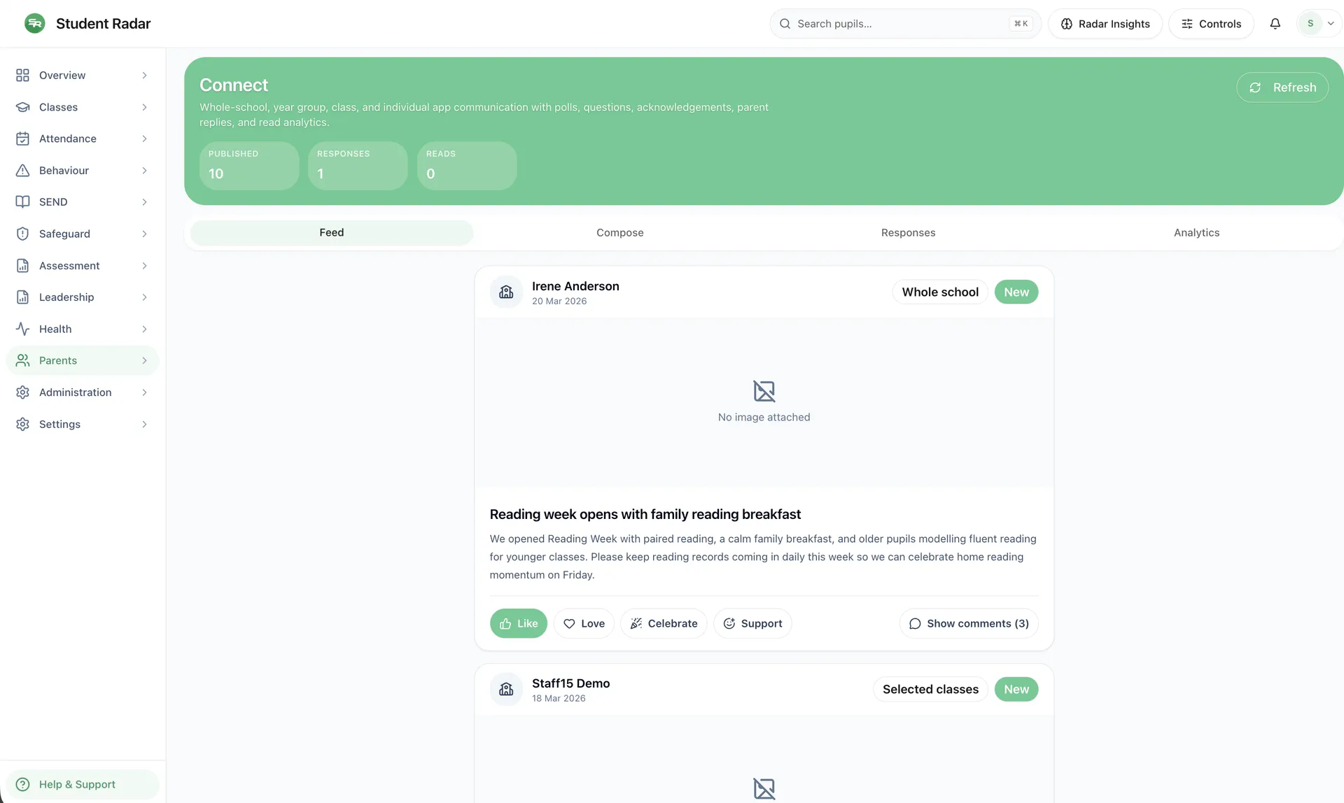 Whole school, class, or one parent — Student Radar Connect
