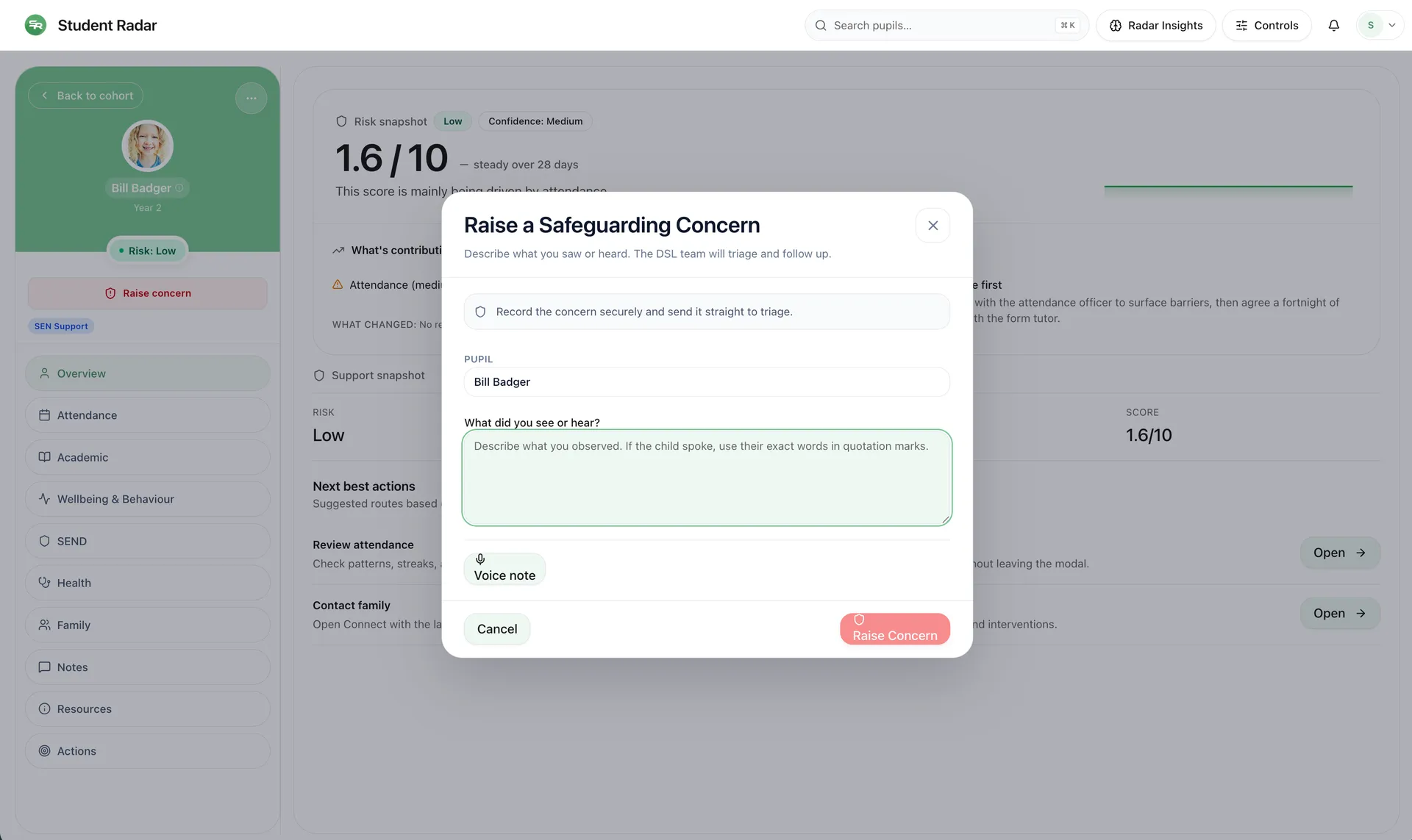 Brief concerns, logged in seconds — Student Radar Safeguard