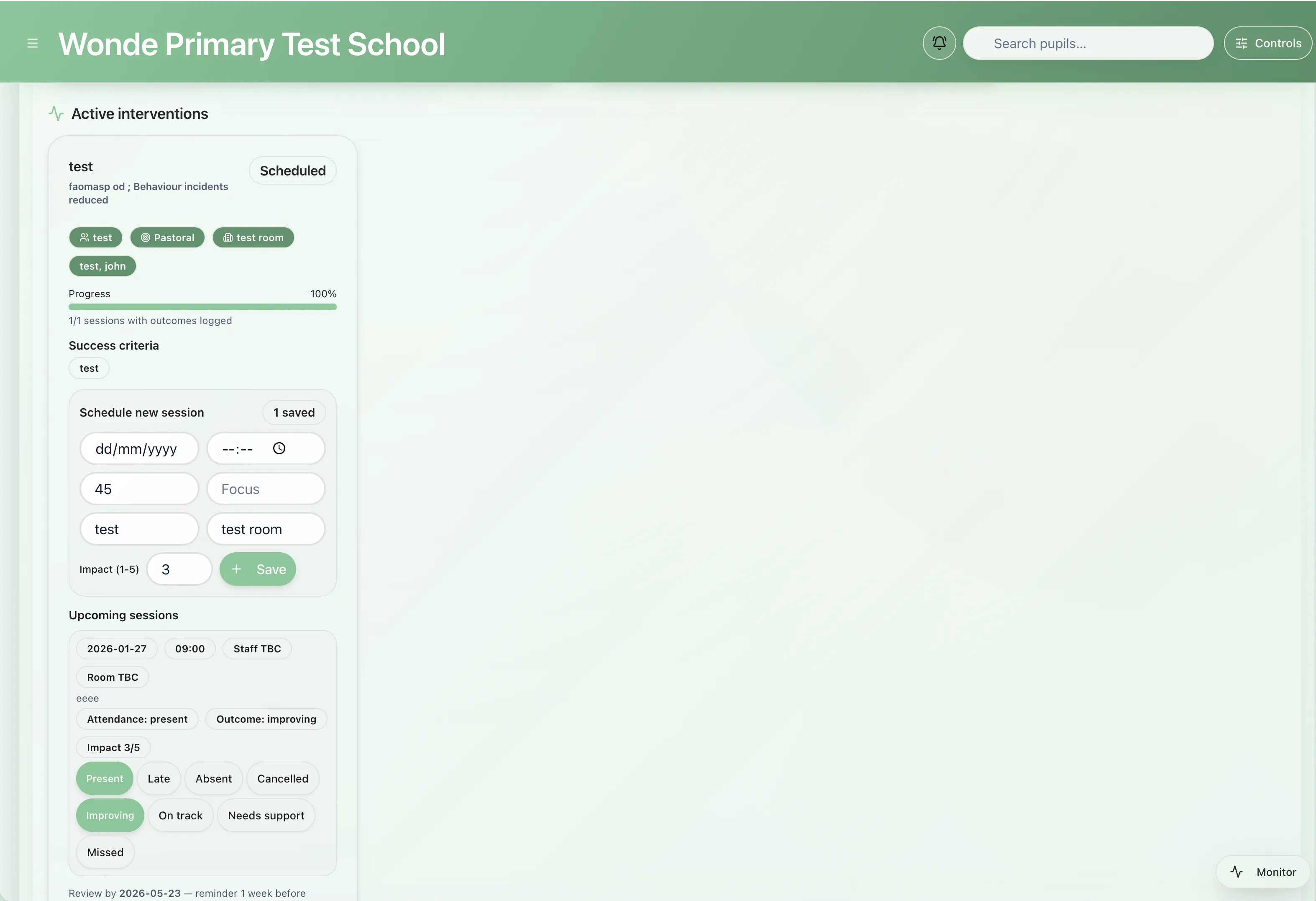 Intervention planner outcome logging showing delivery and progress together