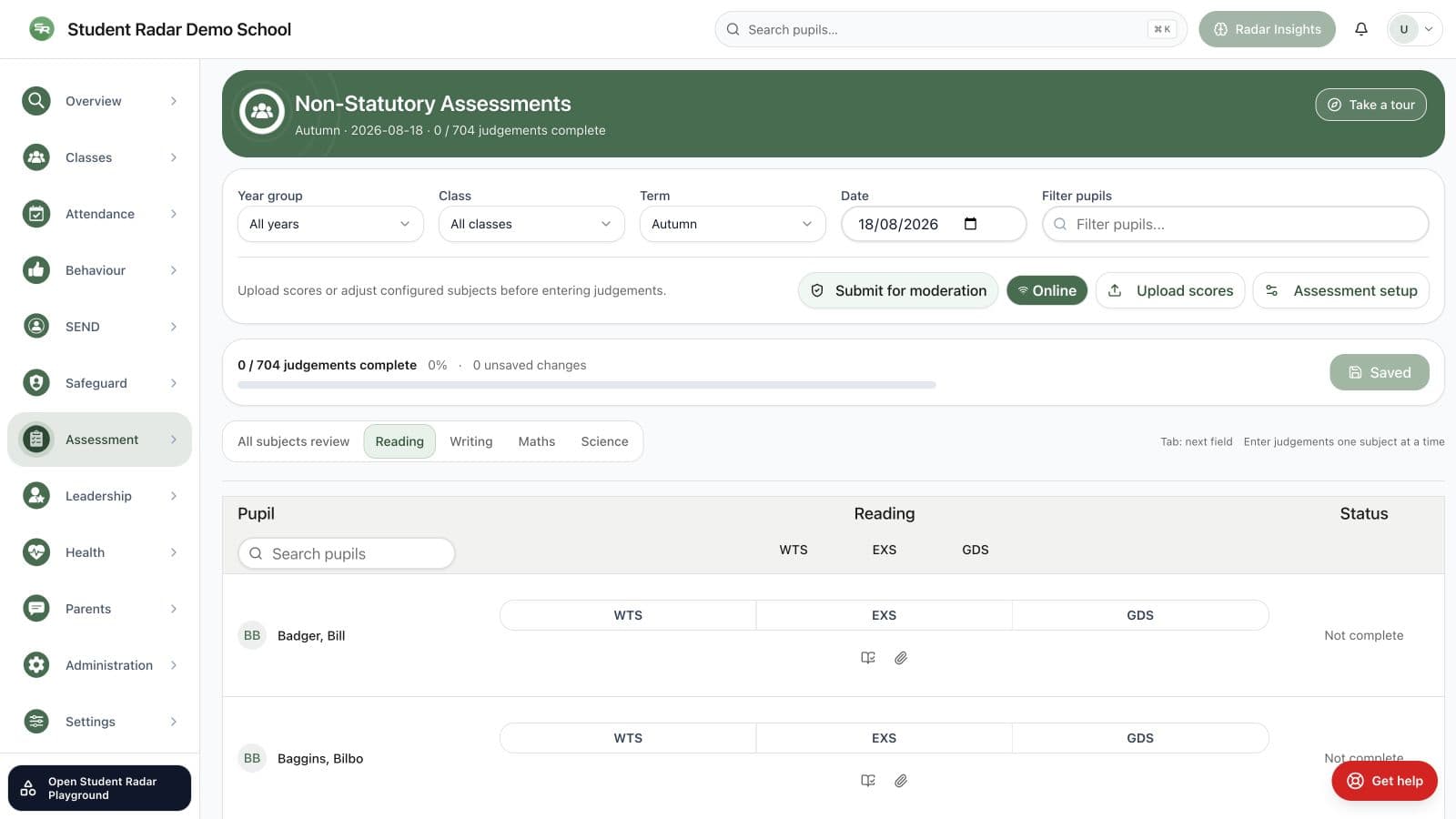 Student Radar assessment entry workflow for classes and pupils