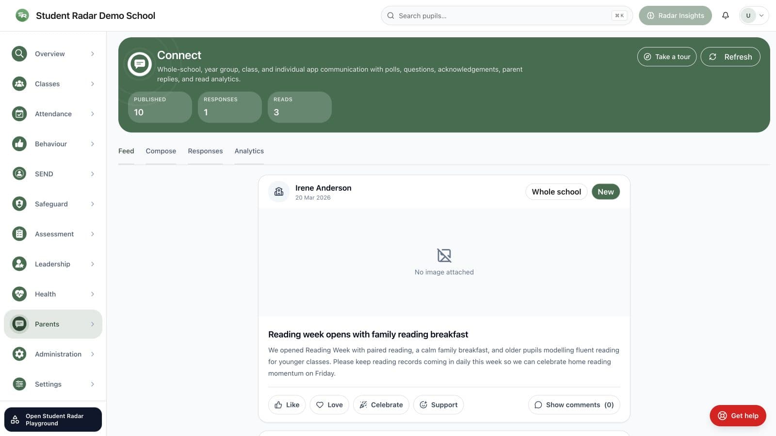 Student Radar family messaging workflow connected to pupil context