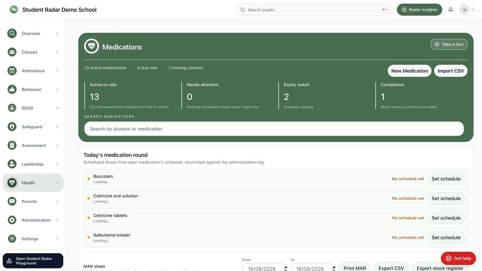 School medication management workflow showing due administration and stock context