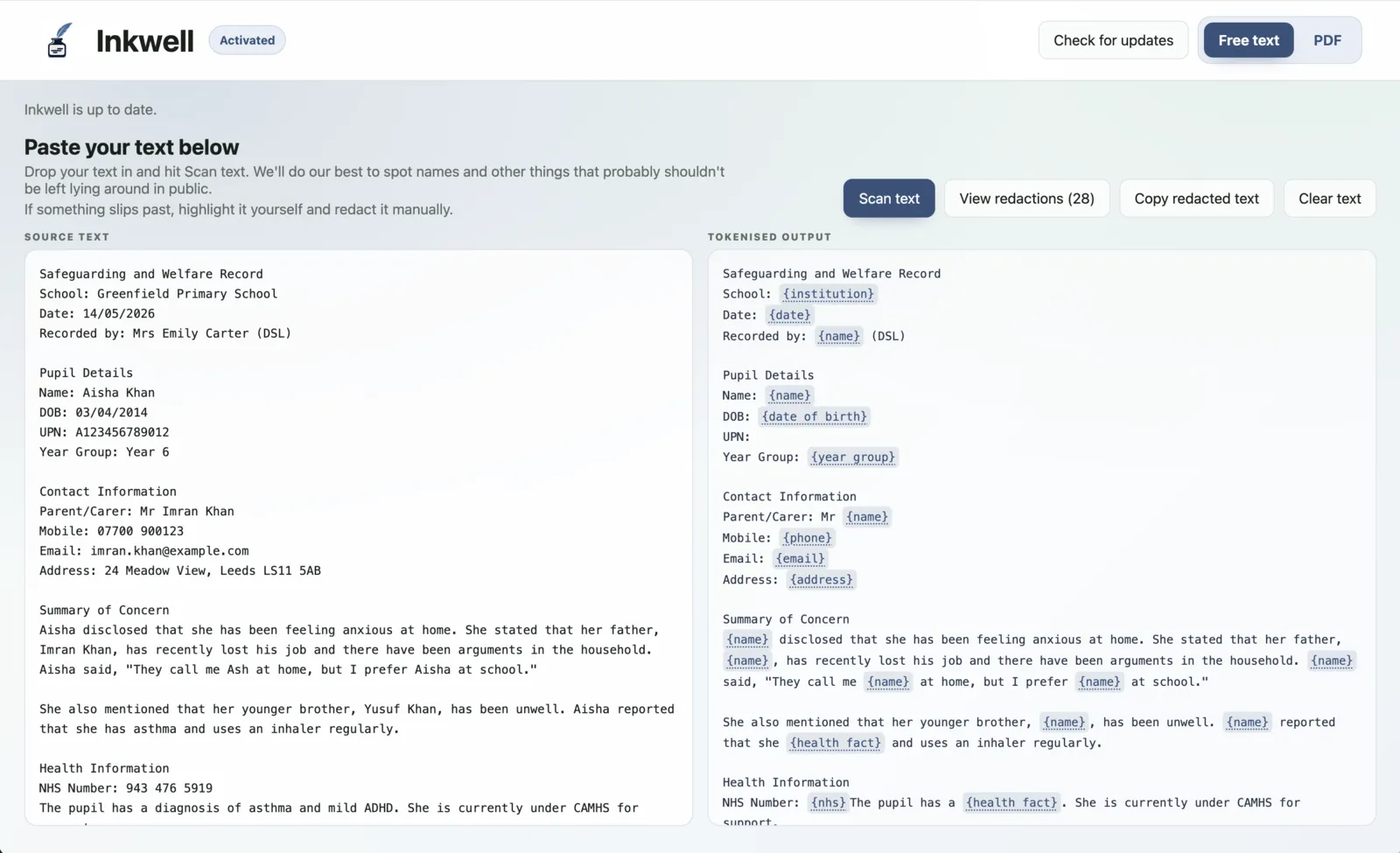 Inkwell desktop app showing local redaction workflow