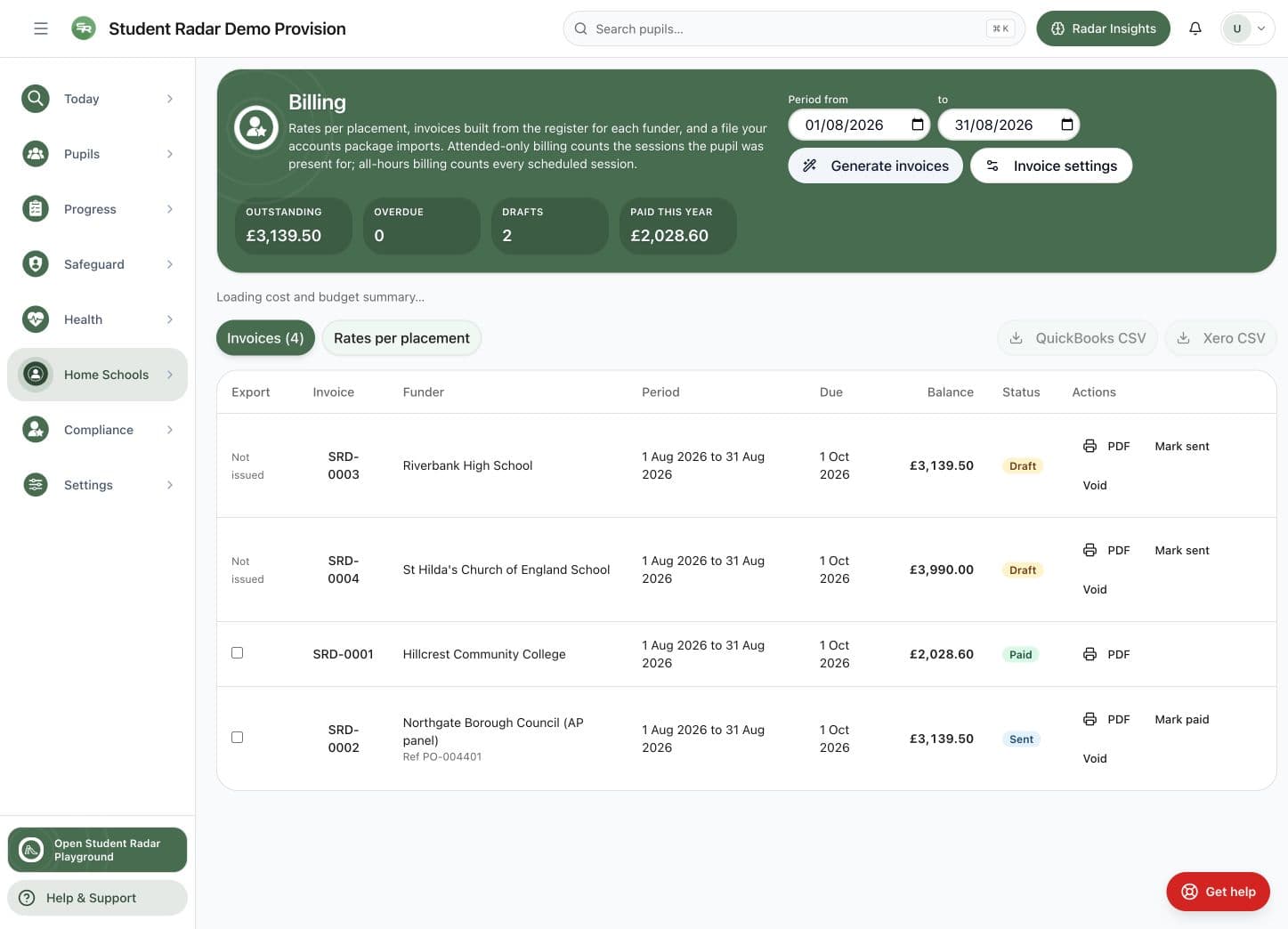 Alternative Provision billing workspace with four invoices and draft, sent and paid states.