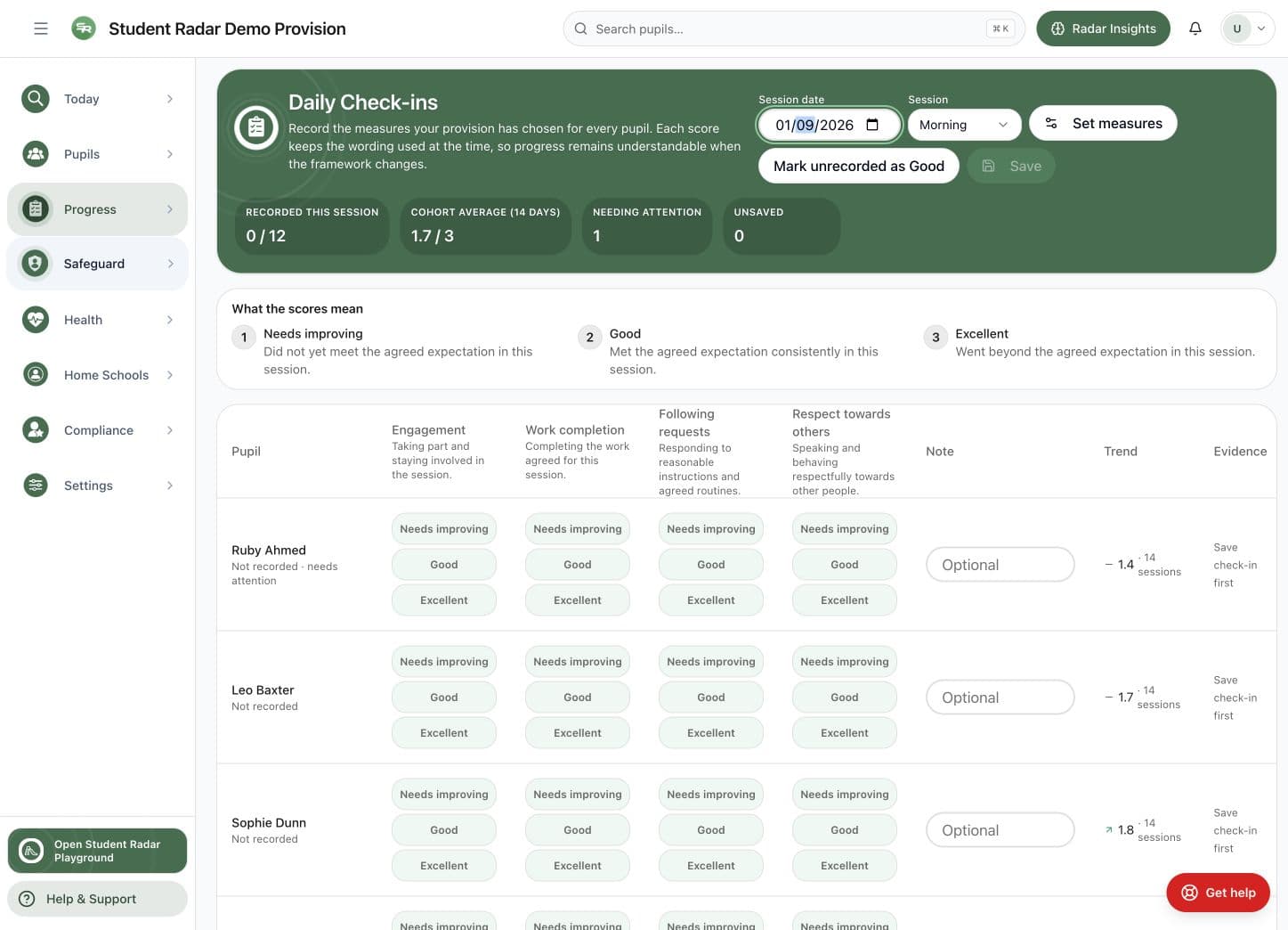 Daily check-in grid with engagement, work completion, following requests and respect measures.