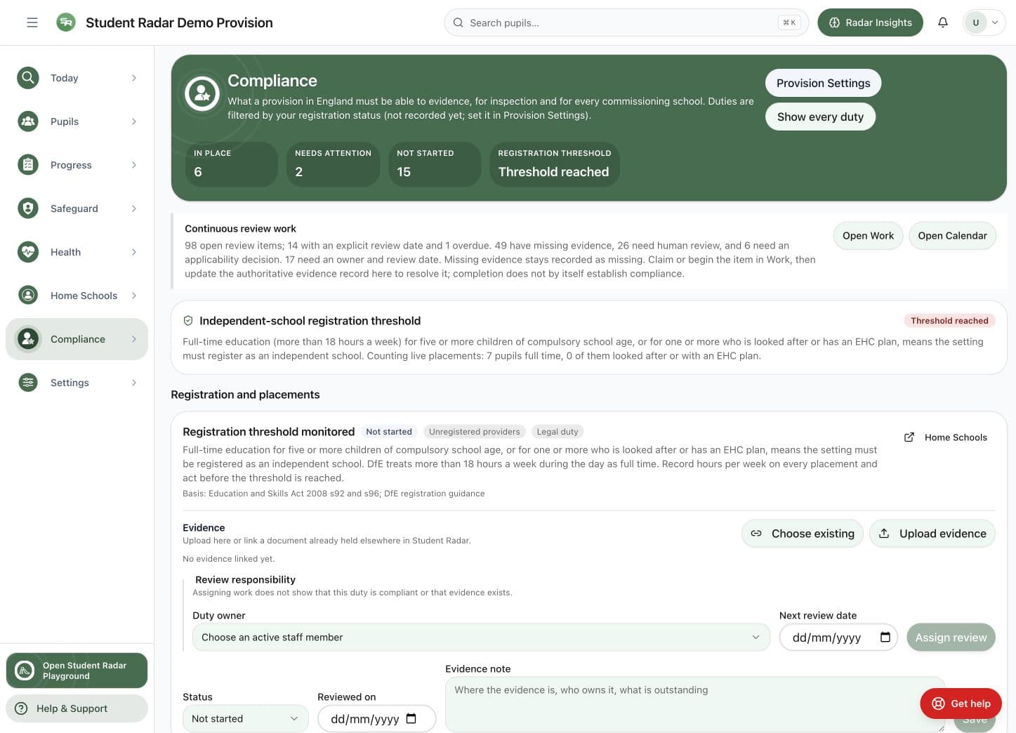 Alternative Provision compliance workspace with in-place, attention and not-started duties.