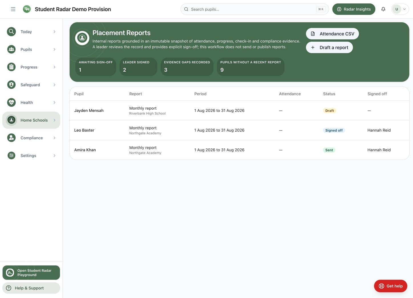 Placement Reports workspace with draft, signed-off and sent monthly reports.