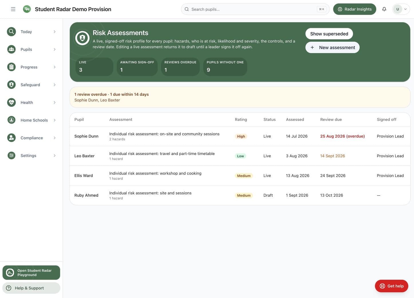 AP risk assessment register with live and draft assessments, ratings and review dates.