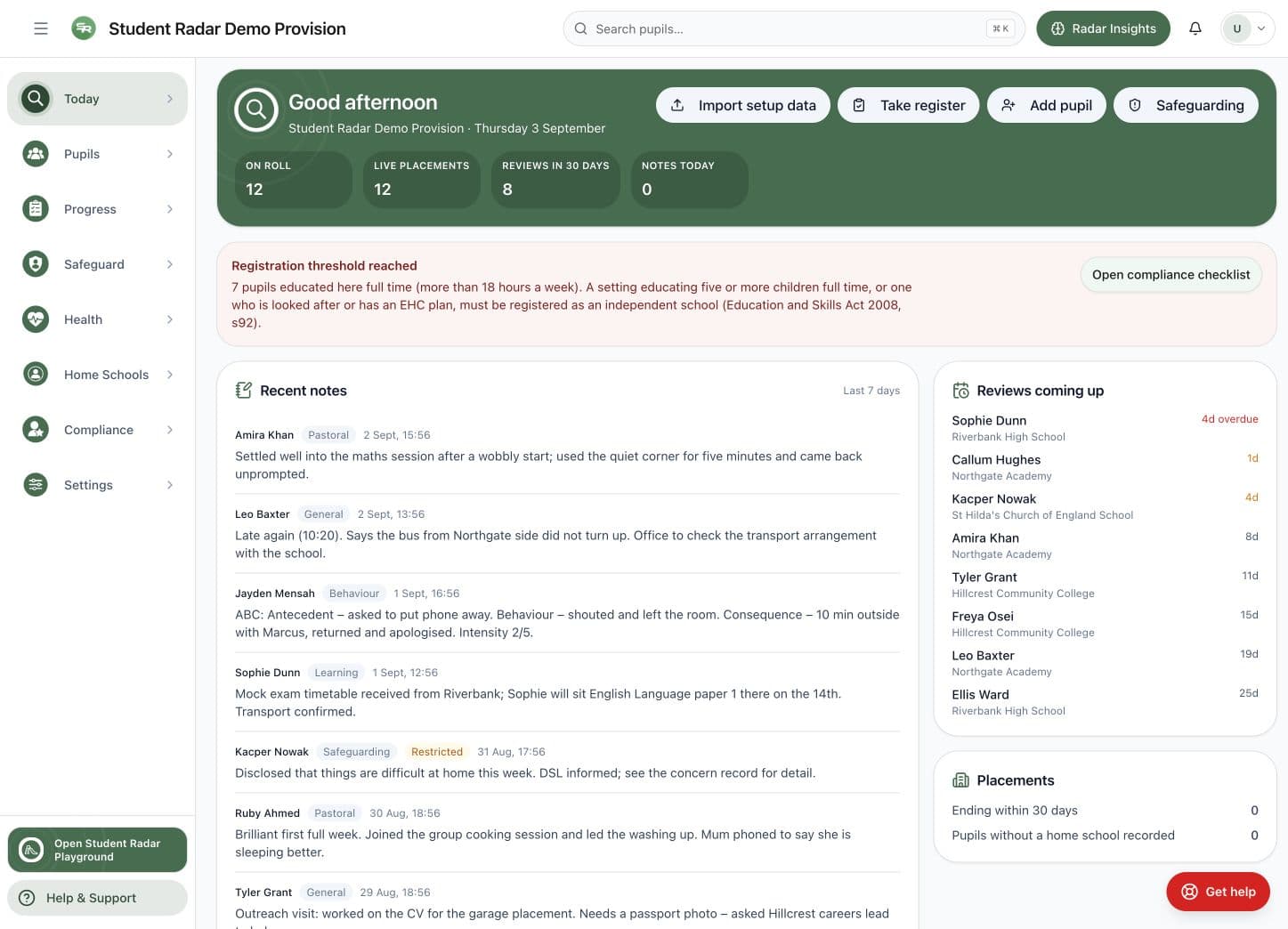 Alternative Provision daily overview with 12 pupils, live placements, recent notes and upcoming reviews.