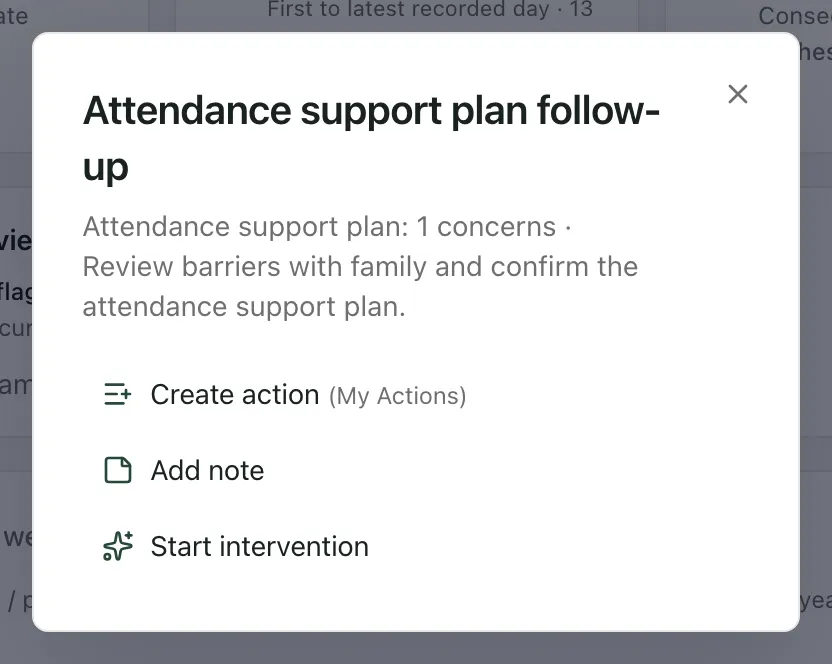 The Attendance support plan follow-up window, with three choices: Create action, Add note and Start intervention.