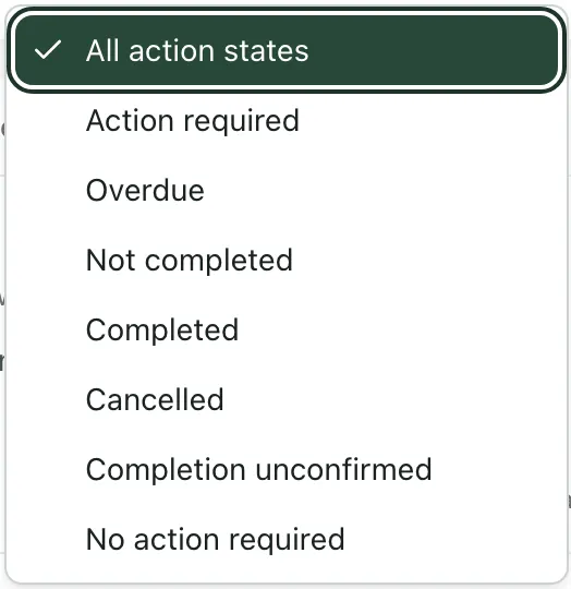The Action state list: All action states, Action required, Overdue, Not completed, Completed, Cancelled, Completion unconfirmed and No action required.