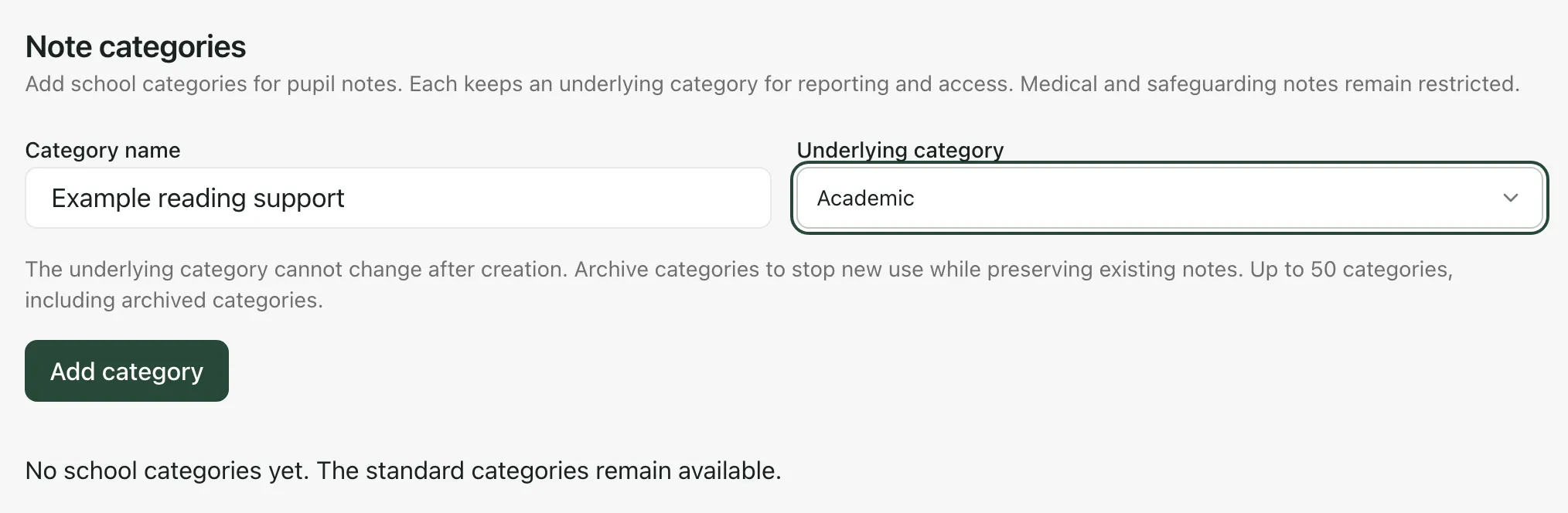 The form filled in with Example reading support and Academic, and the Add category button.