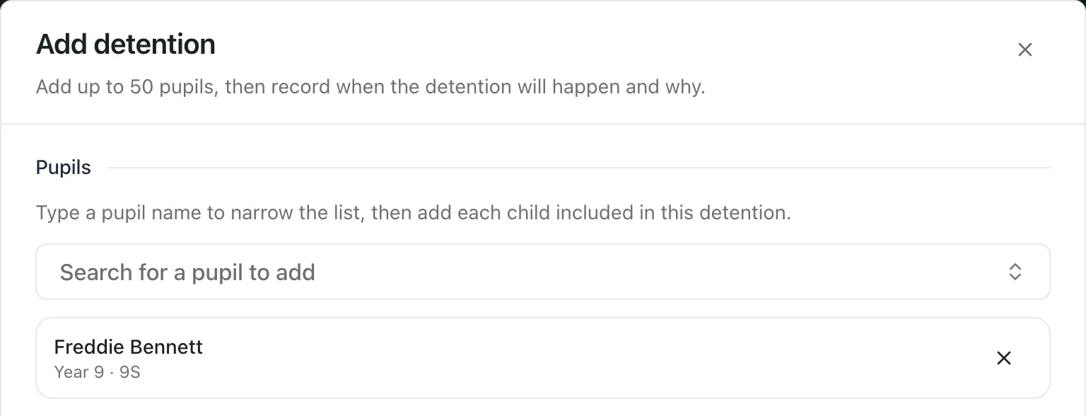 The top of the Add detention window. Freddie Bennett, Year 9 · 9S, has been added under Pupils.