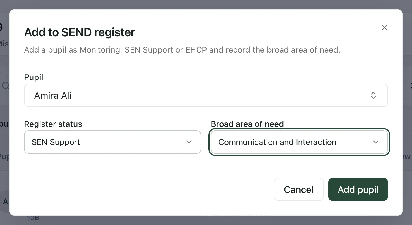 The Add to SEND register form with Amira Ali chosen, SEN Support as the register status and Communication and Interaction as the broad area of need.