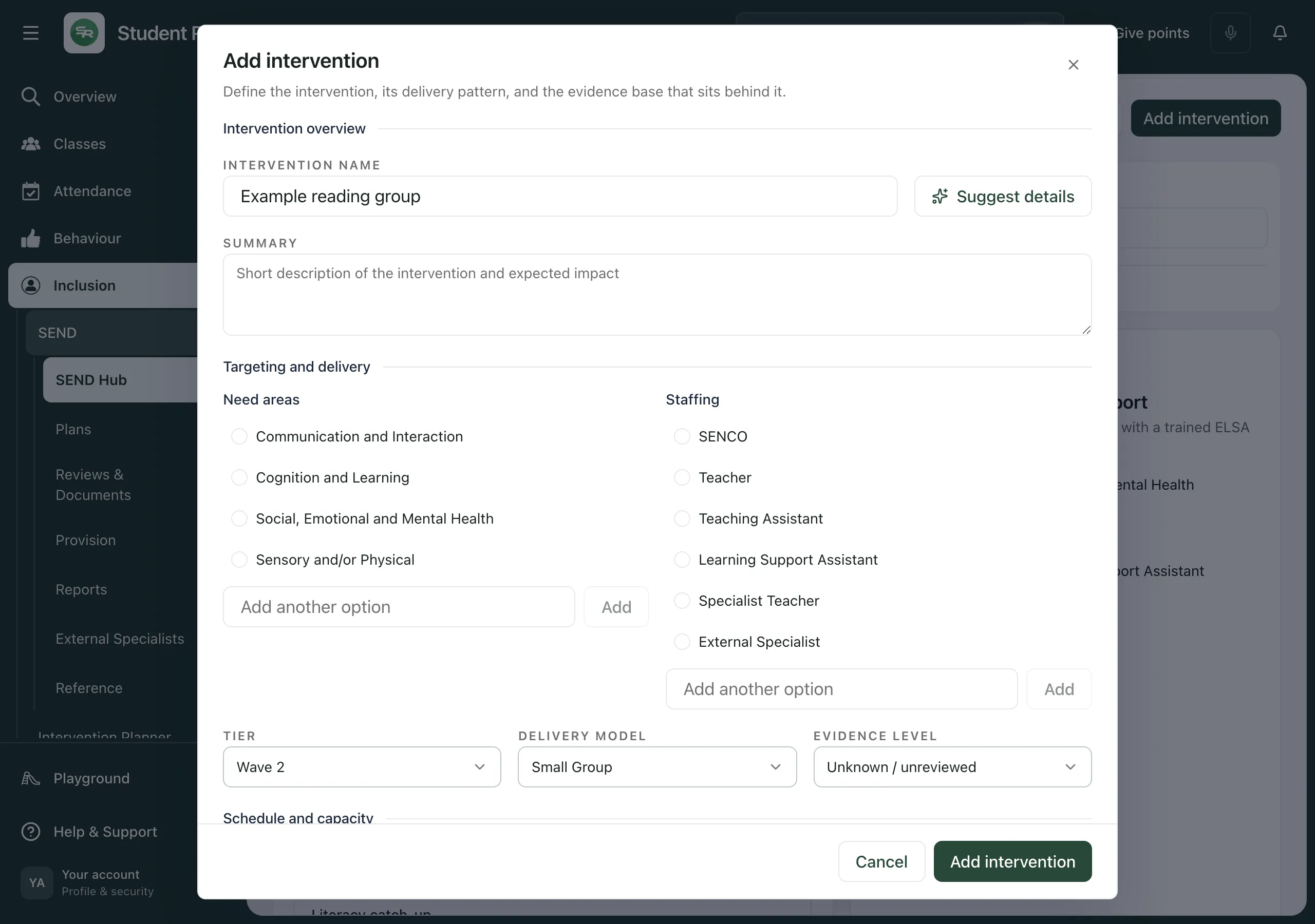 The Add intervention window with an example name entered. Intervention overview has the name, Suggest details and Summary. Targeting and delivery shows the need areas and staffing to tick, then Tier, Delivery model and Evidence level.