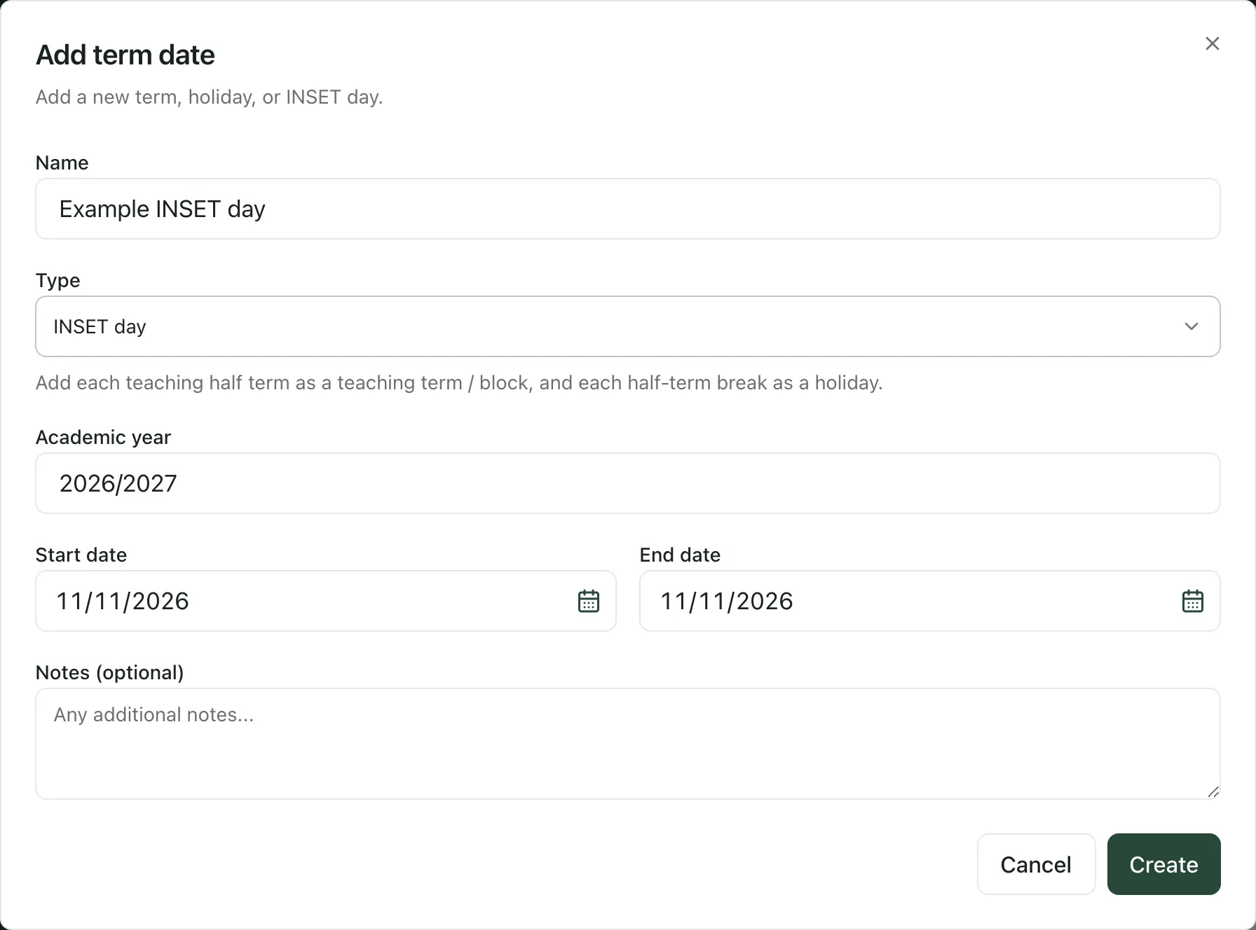 The Add term date window filled in for an example INSET day on 11 November 2026, with the Cancel and Create buttons.