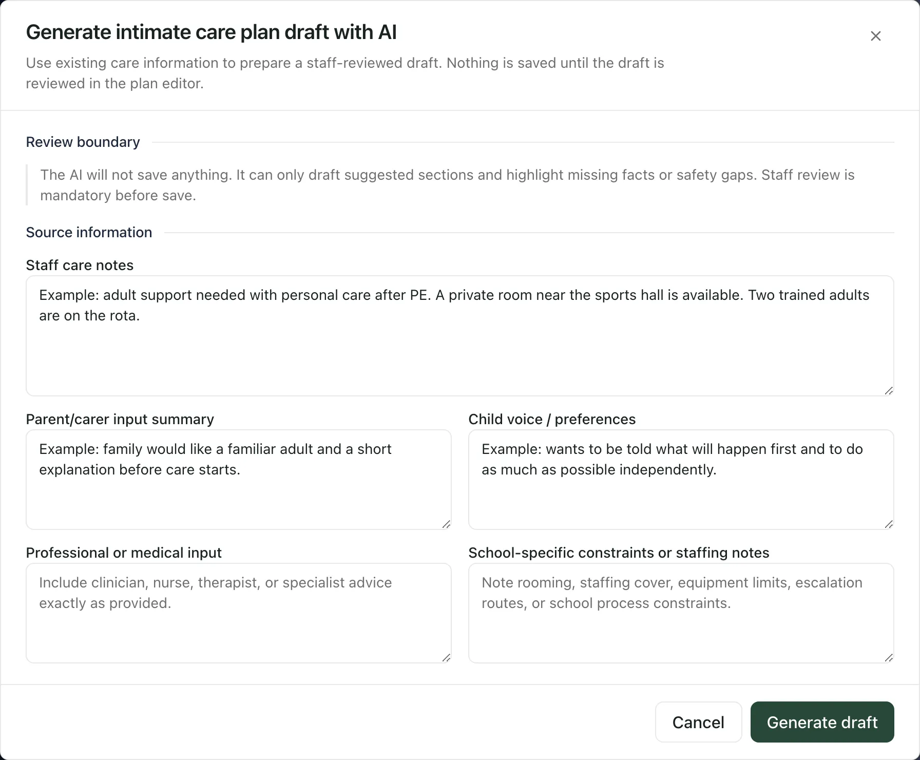 The Generate intimate care plan draft with AI window, with made-up example notes in Staff care notes, Parent/carer input summary and Child voice / preferences. Cancel and Generate draft are at the bottom.
