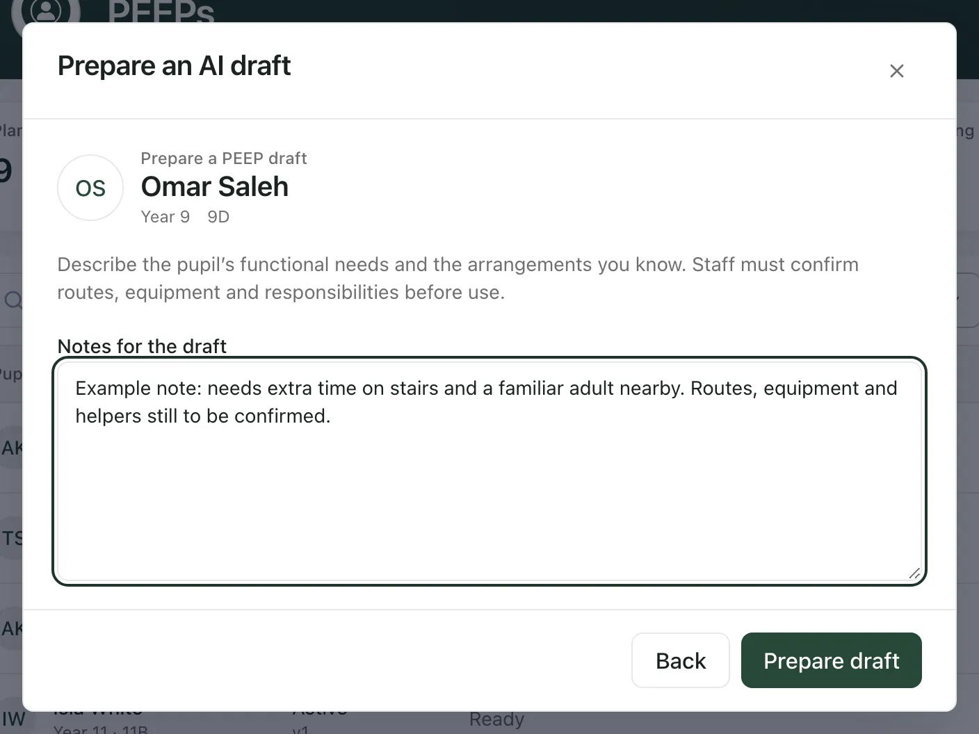 The Prepare an AI draft window for Omar Saleh, with an example note in Notes for the draft and the Back and Prepare draft buttons.