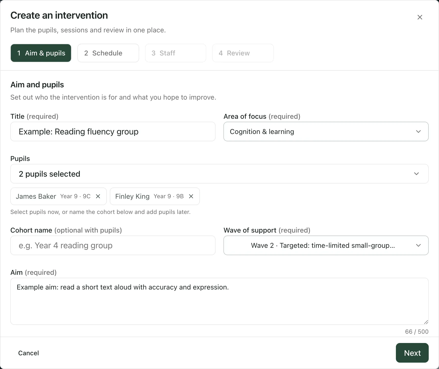 Step 1 of Create an intervention. The title is Example: Reading fluency group, the area of focus is Cognition & learning, two pupils (James Baker and Finley King) are selected, Wave 2 is chosen and an example aim is entered.