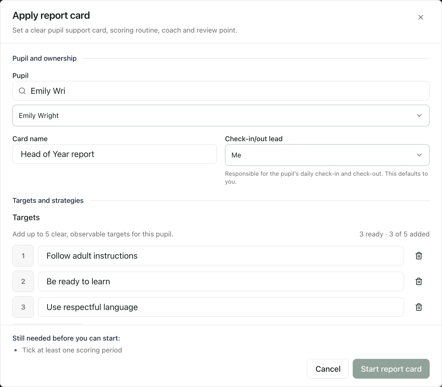 The top of the Apply report card window. Emily Wright is chosen as the pupil, the card is called Head of Year report and the check-in/out lead is Me. Below are three targets: Follow adult instructions, Be ready to learn and Use respectful language.