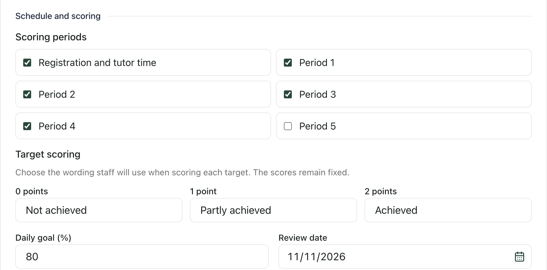 The Schedule and scoring part of the window. Registration and tutor time and Periods 1 to 4 are ticked. The scores are worded Not achieved, Partly achieved and Achieved. The daily goal is 80% and the review date is 11/11/2026.