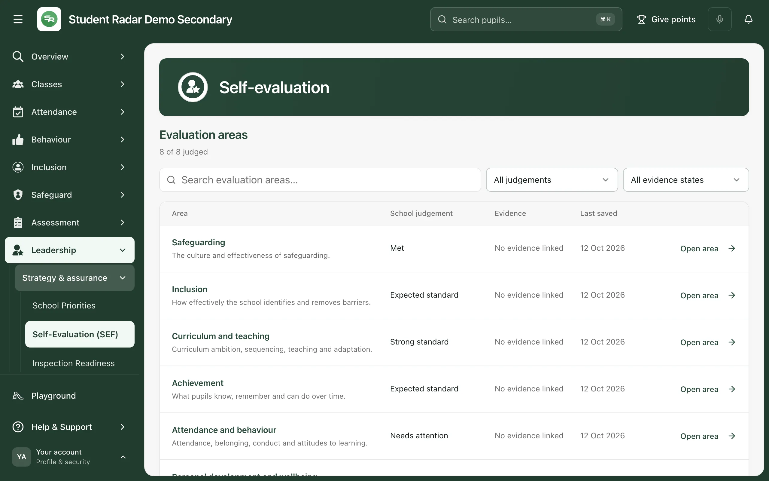 The Self-evaluation page. Under Evaluation areas, 8 of 8 judged, each area is listed with its school judgement, linked evidence, the date it was last saved and an Open area button.