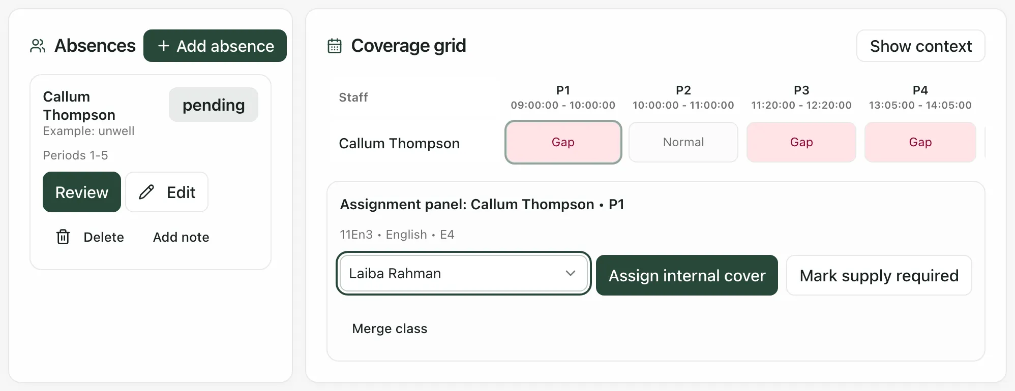 The cover page with one pending absence for Callum Thompson. In the Coverage grid his P1, P3 and P4 lessons show as Gap. P1 is selected, and the Assignment panel shows the class, subject and room, with Laiba Rahman chosen as available staff and the Assign internal cover, Mark supply required and Merge class buttons.
