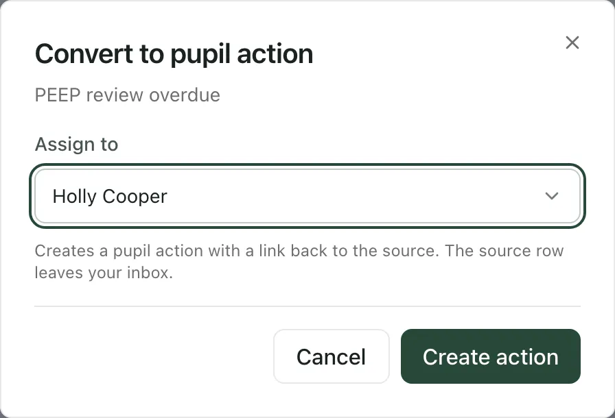 The Convert to pupil action window for “PEEP review overdue”, with Holly Cooper chosen under Assign to and the Create action button below.
