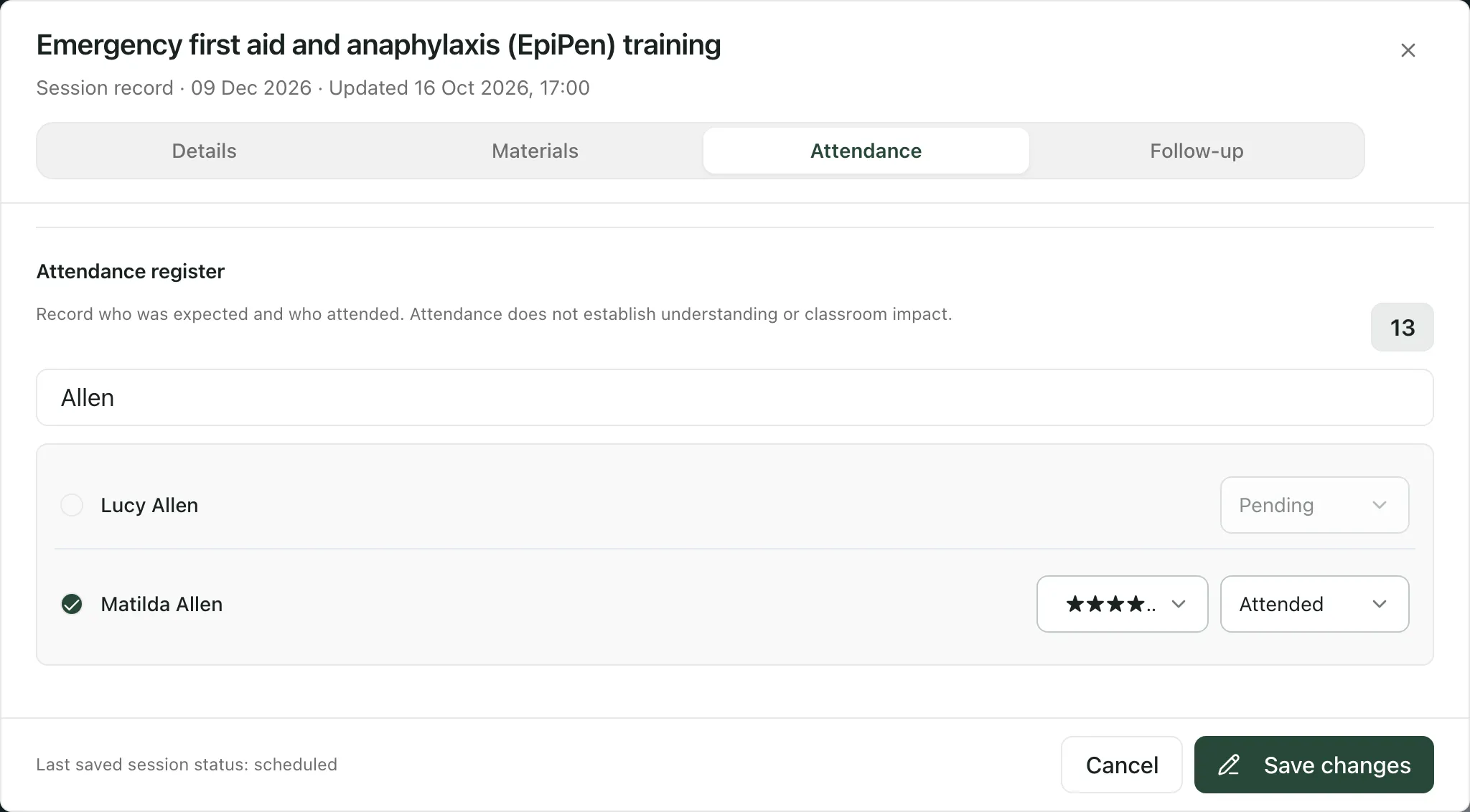 The Attendance tab for an Emergency first aid and anaphylaxis training session, with 13 people registered. The staff list is searched for Allen: Matilda Allen is ticked, marked Attended and rated four stars, and Lucy Allen isn’t ticked. The Save changes button is at the bottom.