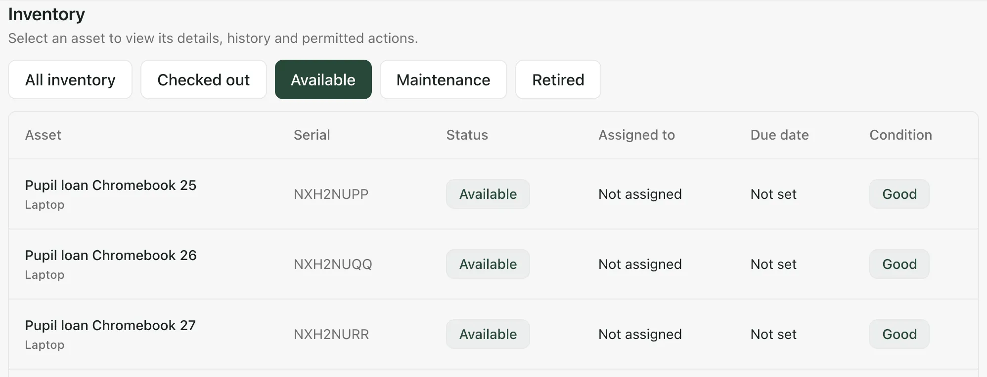 The Inventory section with the Available filter on, listing three pupil loan Chromebooks that are available, not assigned and in good condition.