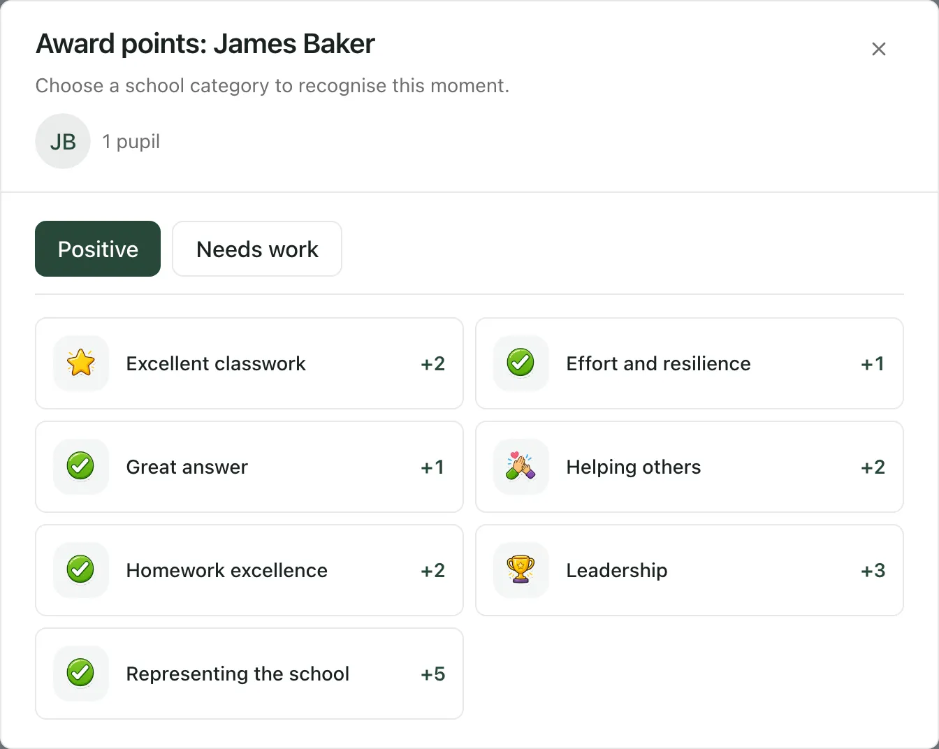 Award points for James Baker, with Positive selected and seven categories, from Excellent classwork (+2) to Representing the school (+5).