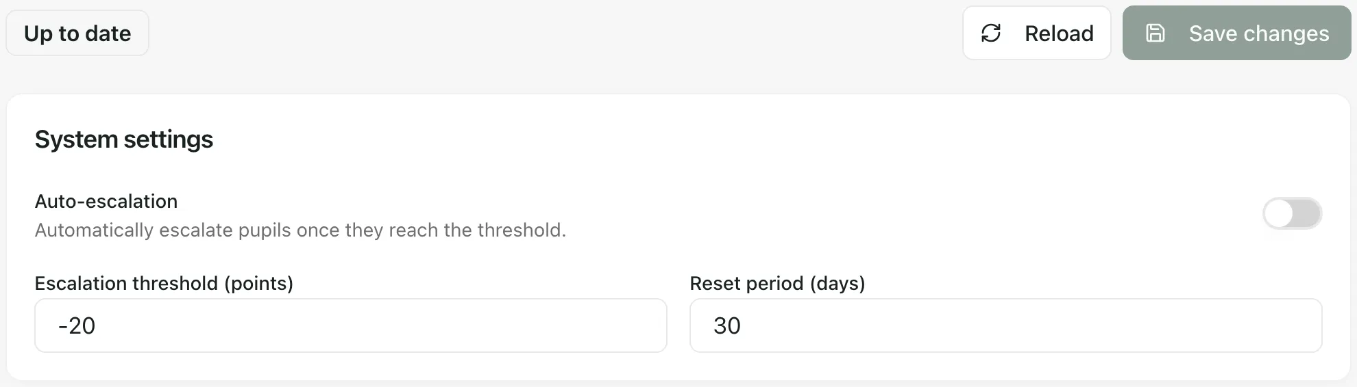 The top of the Behaviour tab: the Up to date badge, the Reload and Save changes buttons, and System settings with Auto-escalation, Escalation threshold (points) set to -20 and Reset period (days) set to 30.