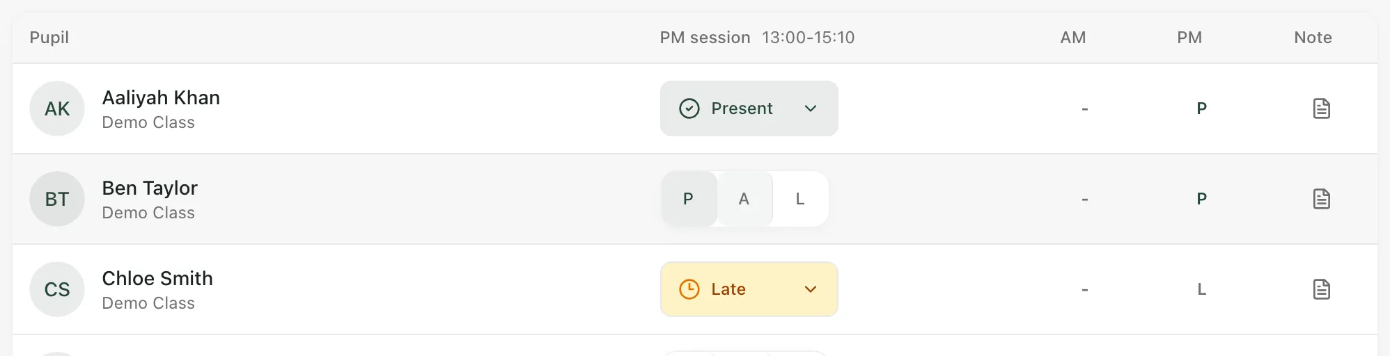 The register with the mark buttons showing again for one pupil. The pupils above and below show Present and Late.