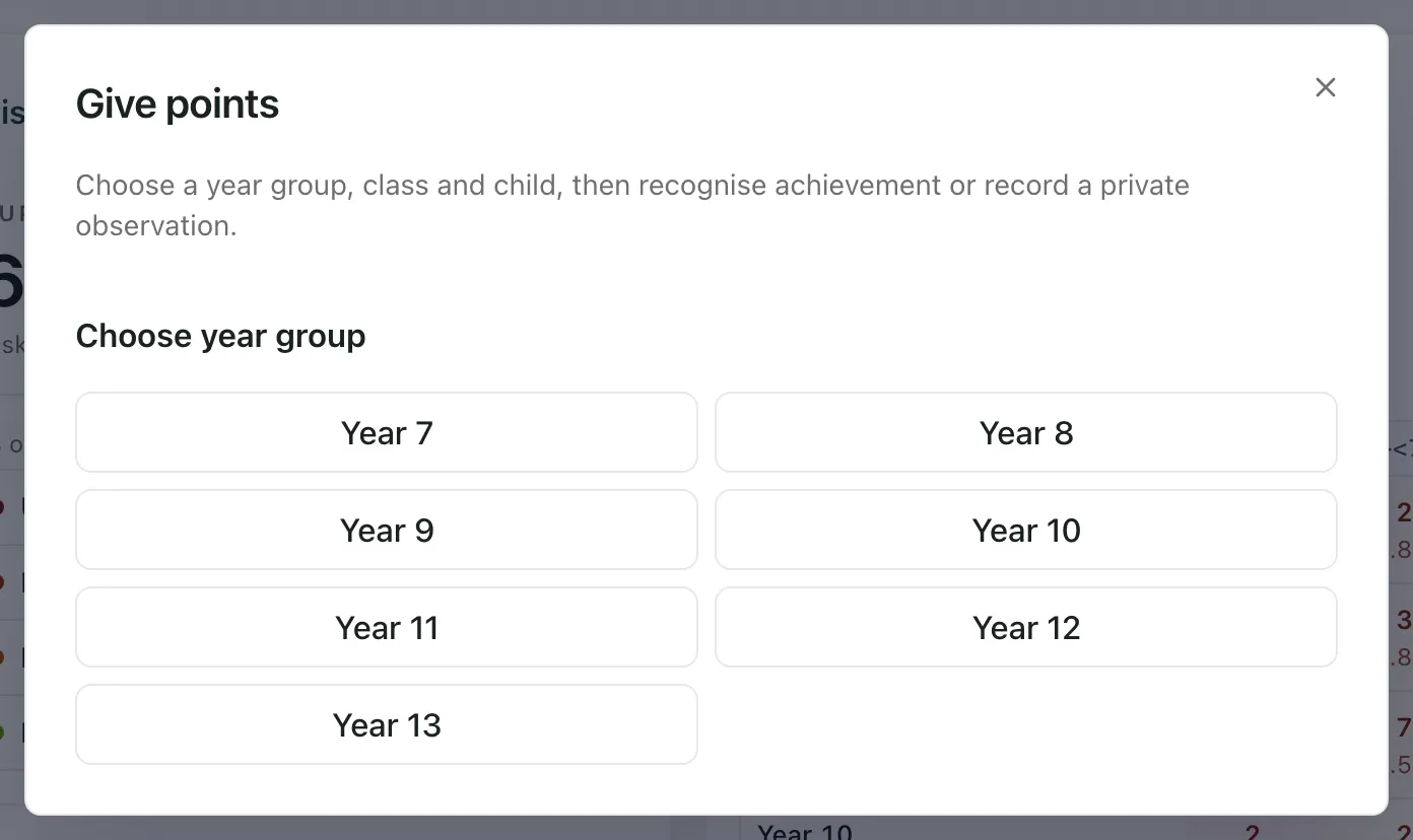 The Give points window, asking you to choose a year group from Year 7 to Year 13.