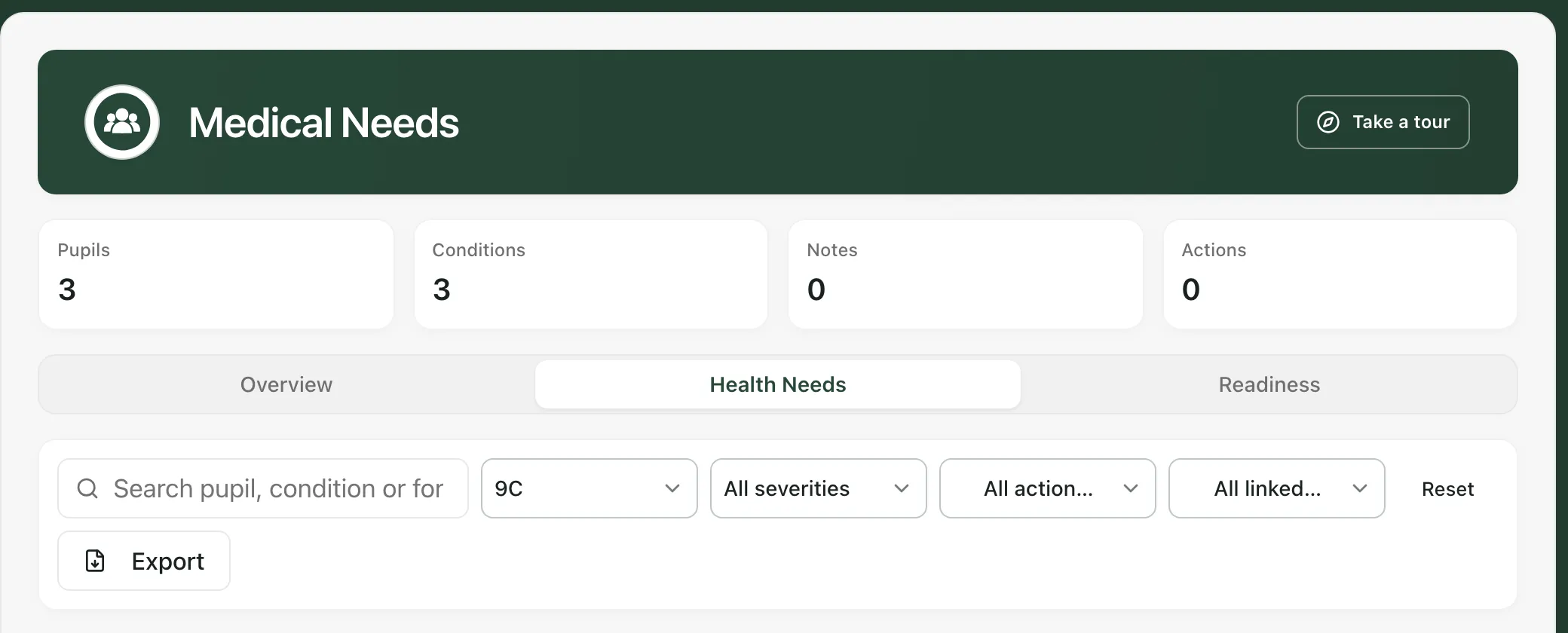 The Medical Needs page for 9C: Pupils 3, Conditions 3, Notes 0 and Actions 0, the Overview, Health Needs and Readiness tabs, and filters with 9C chosen in the class list.