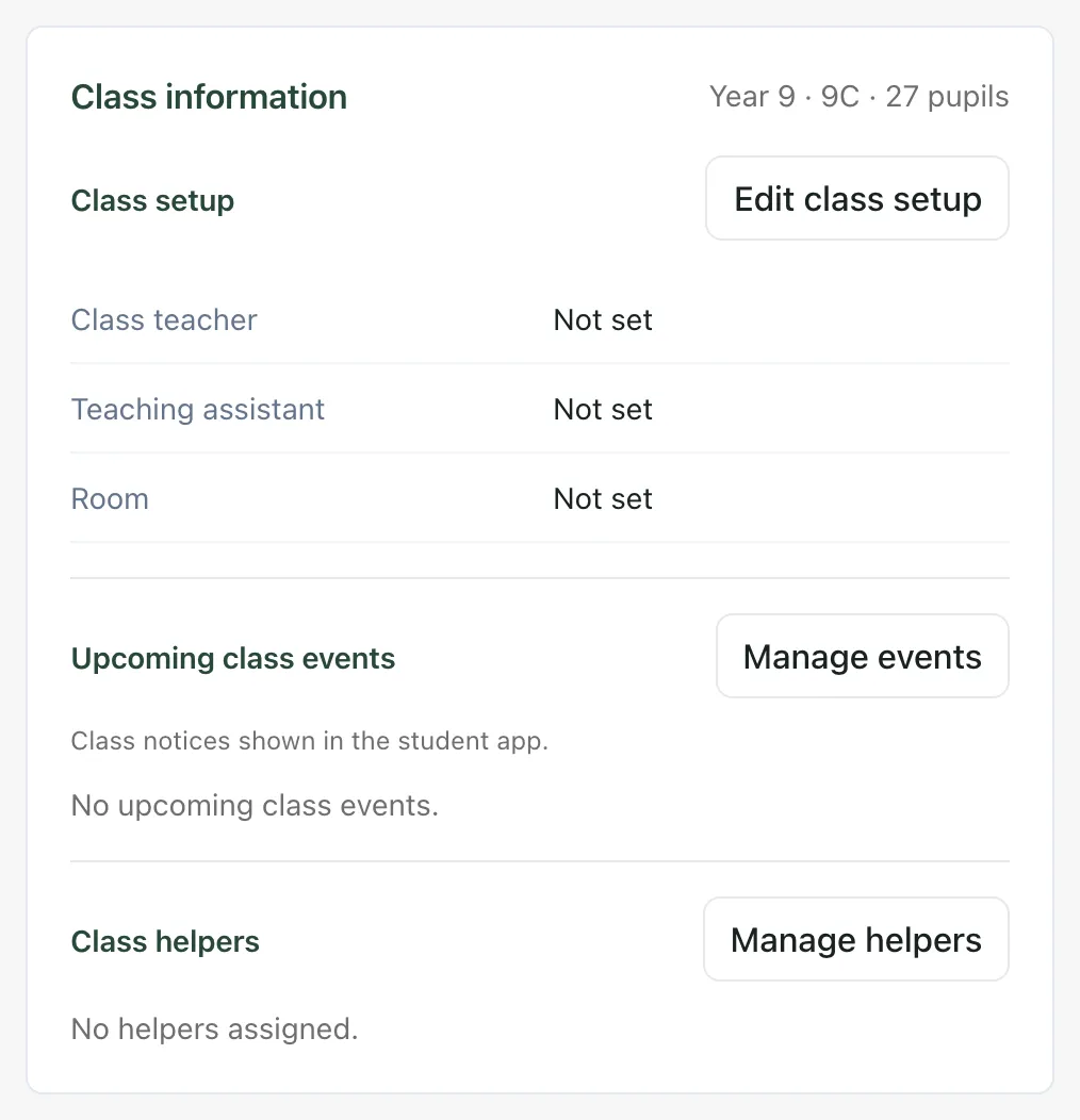 The Class information panel for Year 9, 9C. Class setup shows Class teacher, Teaching assistant and Room, all Not set. Below are Upcoming class events and Class helpers, each with a button to manage them.