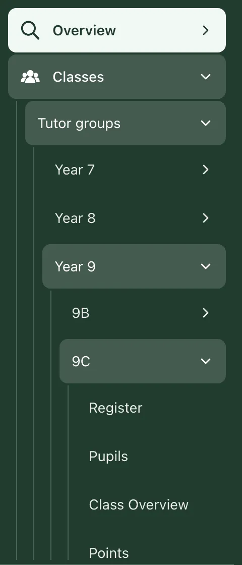 The sidebar with Classes, Tutor groups, Year 9 and 9C open. Under 9C are Register, Pupils, Class Overview and Points.