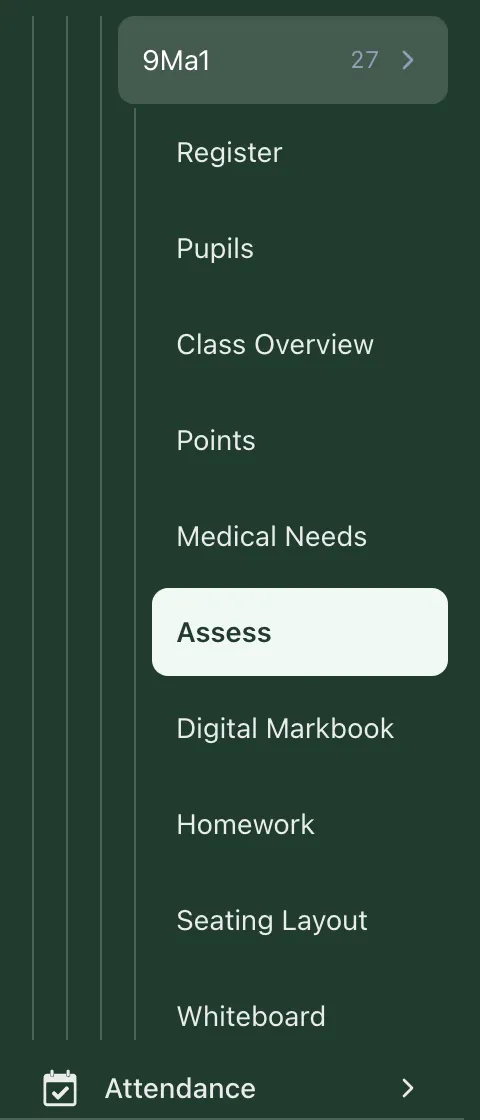 The sidebar open at the teaching class 9Ma1. Under it are Register, Pupils, Class Overview, Points, Medical Needs, Assess (selected), Digital Markbook, Homework, Seating Layout and Whiteboard.