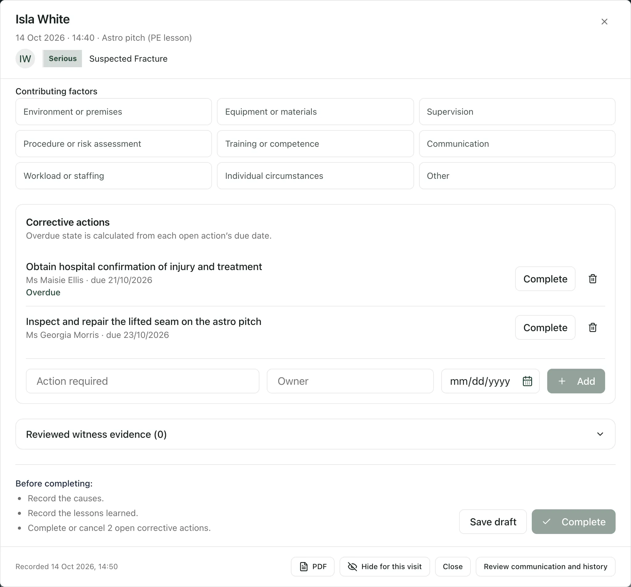 Corrective actions for the incident: one overdue action and one due later, each with Complete and bin buttons, the boxes for a new action, Reviewed witness evidence (0), and a Before completing list next to the Save draft and Complete buttons.
