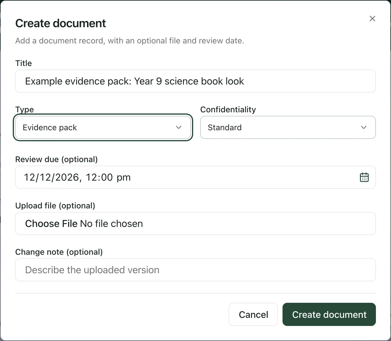 The Create document box with an example title, Type set to Evidence pack, Confidentiality set to Standard and Review due set to 12/12/2026. Create document is at the bottom right.