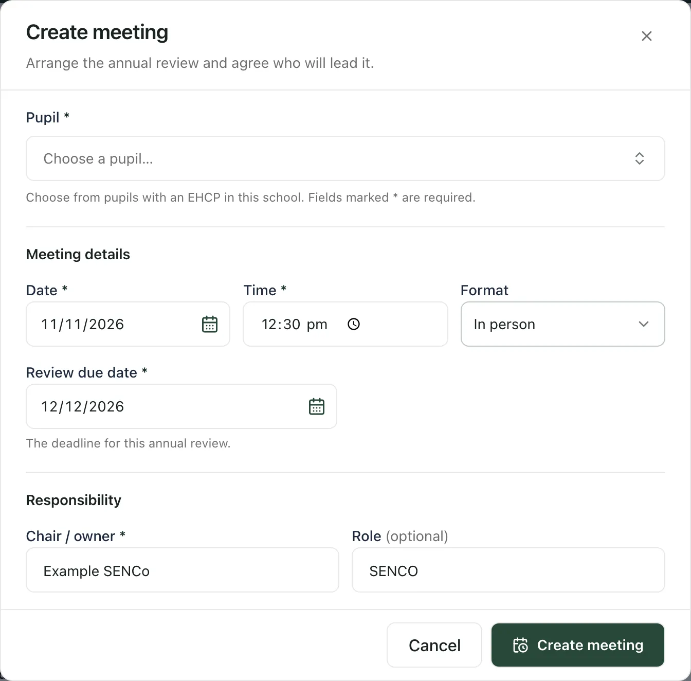 The Create meeting window with the meeting date, time, review due date and chair filled in. The pupil hasn’t been chosen yet. Create meeting is at the bottom.