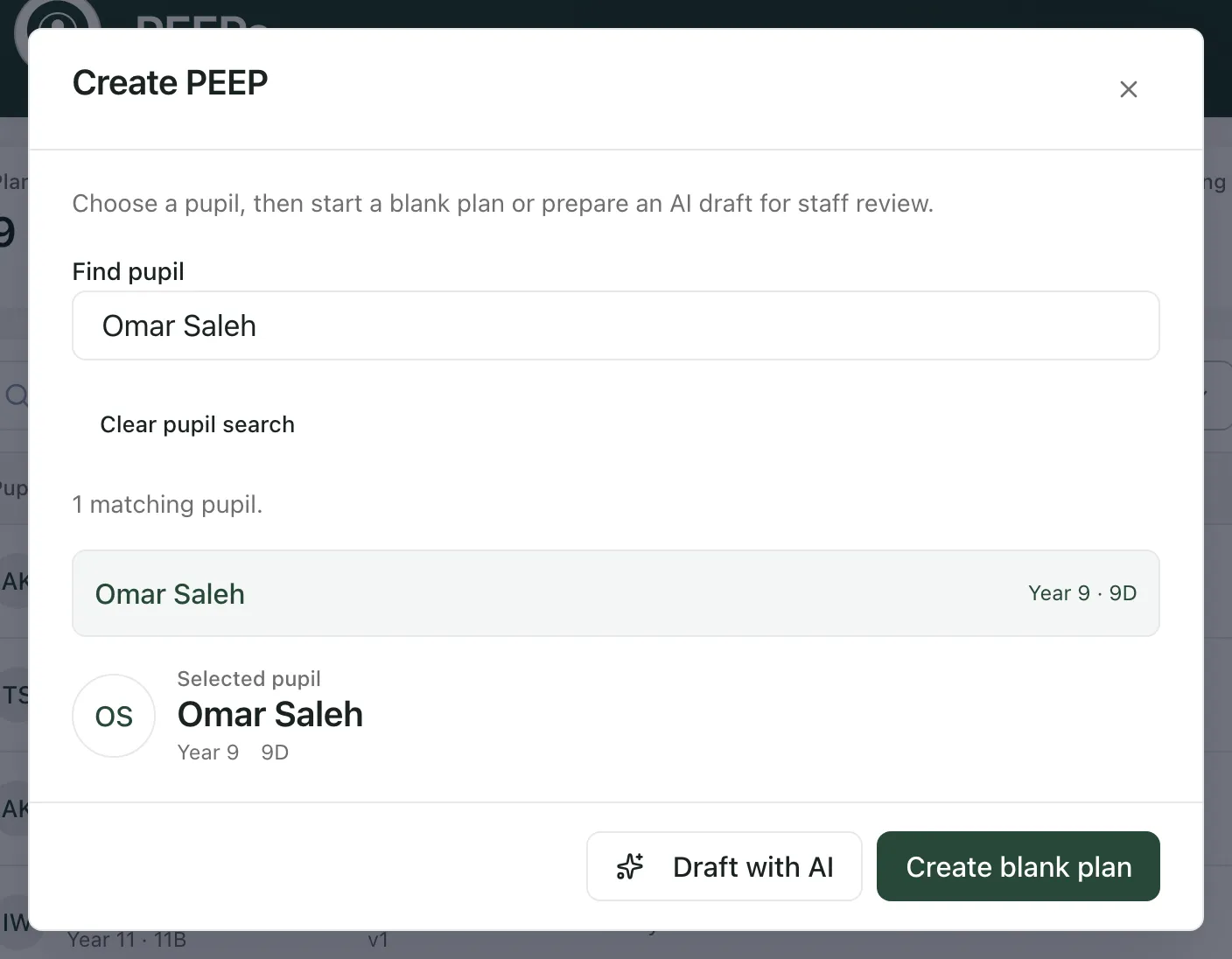 The Create PEEP window with Omar Saleh found and selected, and the Draft with AI and Create blank plan buttons.