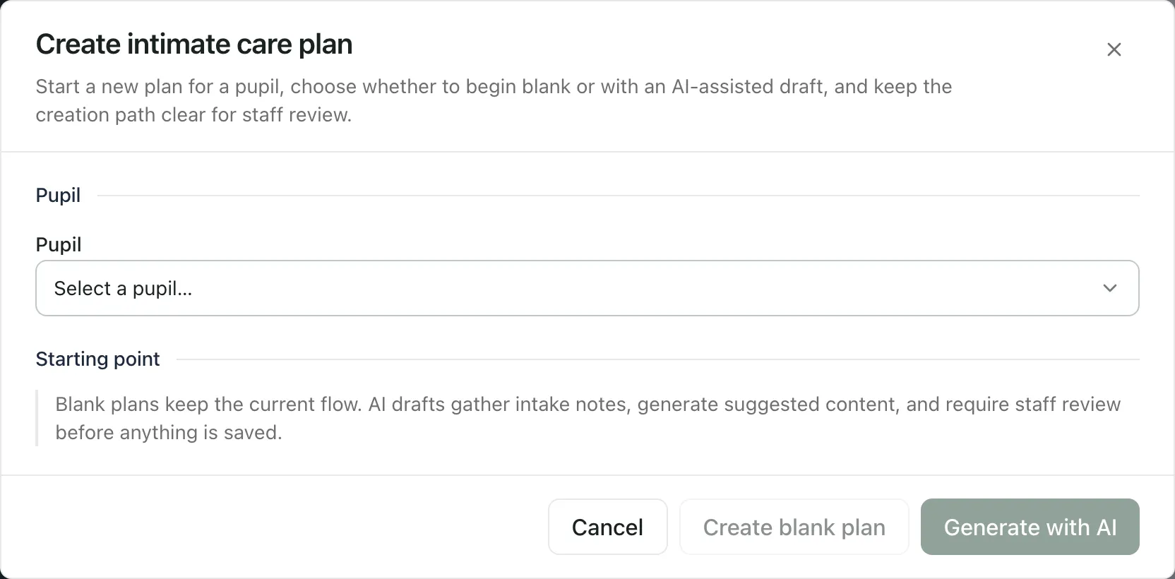 The Create intimate care plan window: a Pupil list, a Starting point note saying AI drafts need staff review before anything is saved, and Cancel, Create blank plan and Generate with AI buttons.