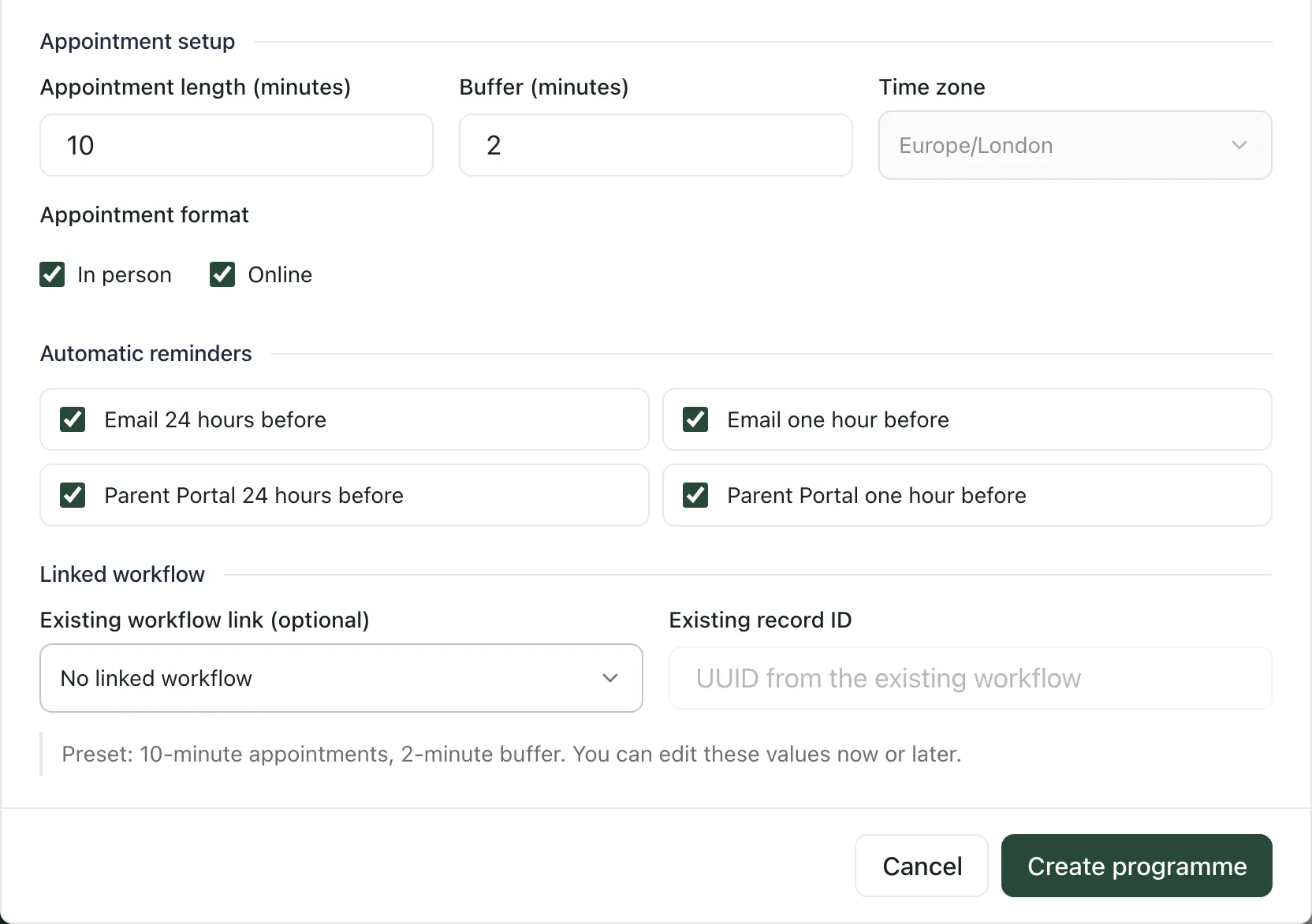 The lower half of the Create a meeting programme window: 10-minute appointments with a 2-minute buffer, in person and online, all four automatic reminders ticked, no linked workflow, and the Create programme button.
