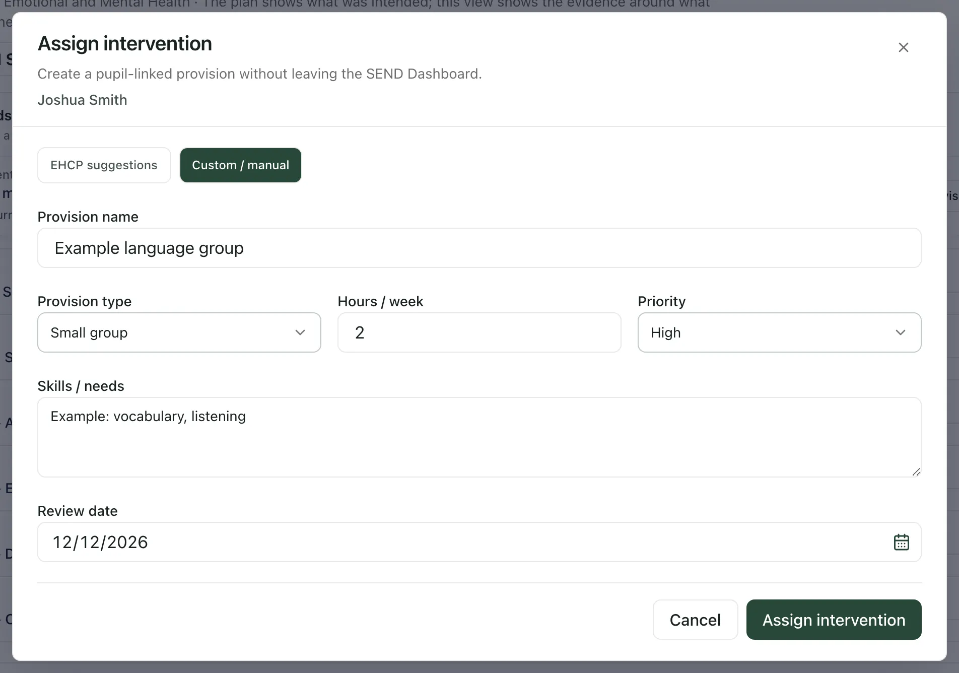 The Custom / manual form filled in with an example language group: small group, 2 hours a week, high priority, two skills and a review date. Assign intervention is ready to click.