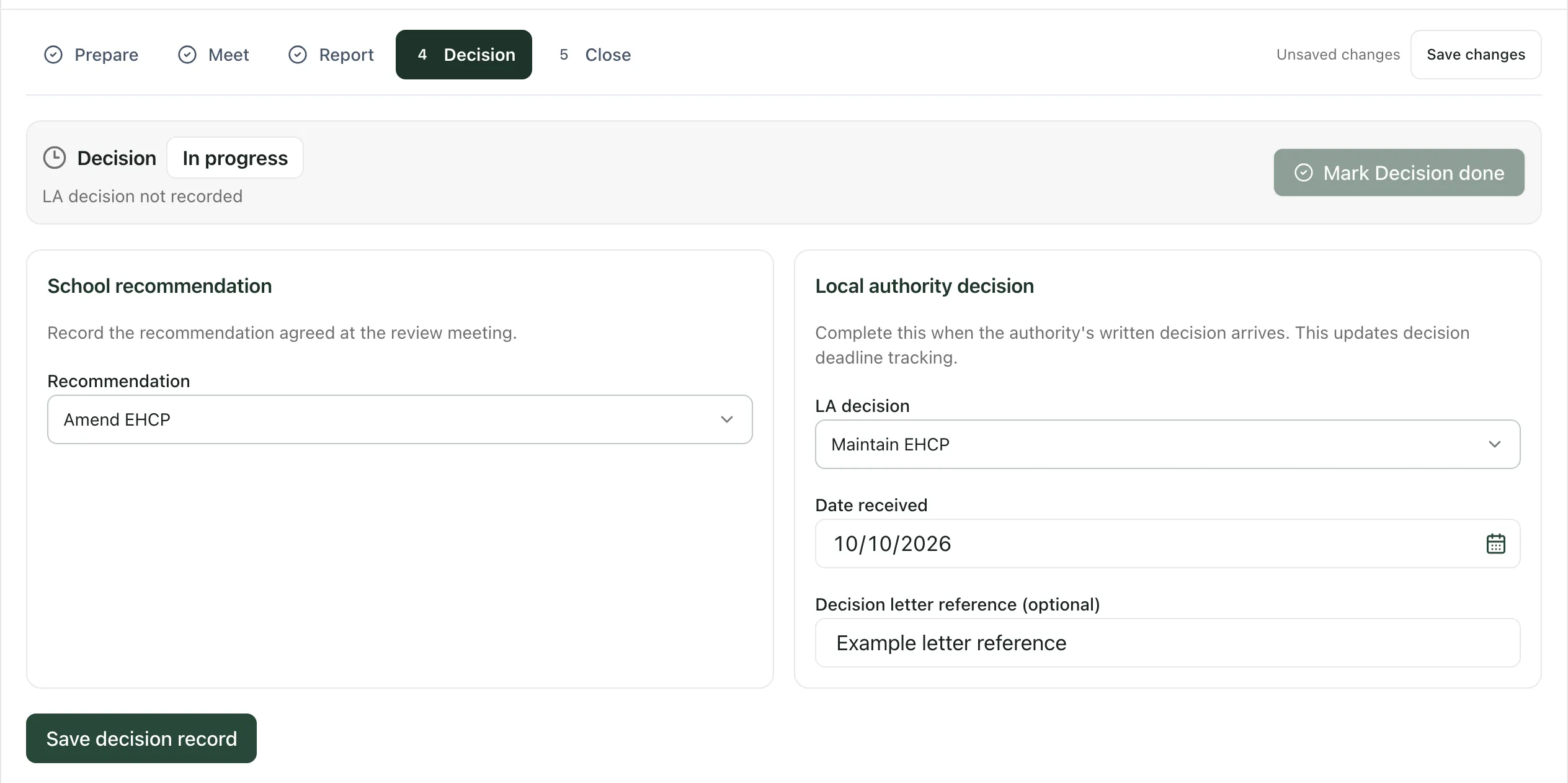 Thomas Brown’s review on the Decision stage. School recommendation shows Amend EHCP. Under Local authority decision, the LA decision is set to Maintain EHCP, with a date received and an example letter reference. Save decision record is at the bottom.