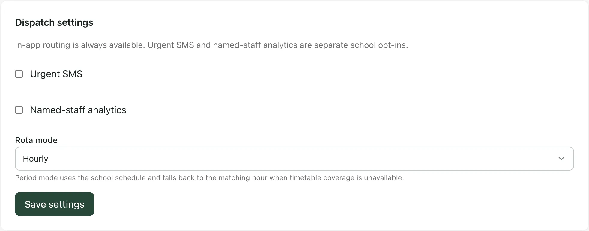 Dispatch settings with Urgent SMS and Named-staff analytics unticked, Rota mode set to Hourly and a Save settings button.